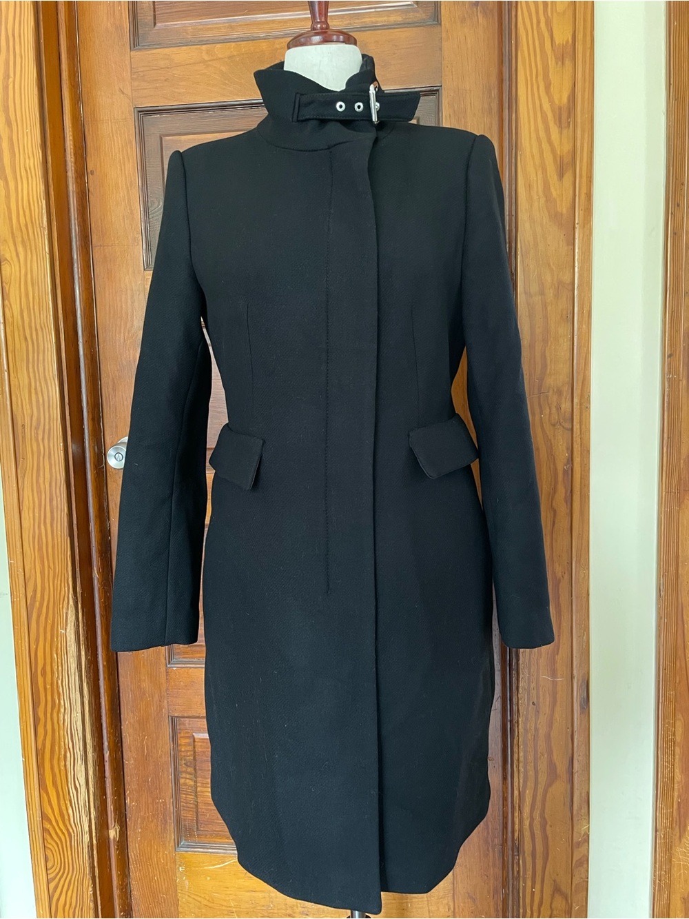 Zara Black High-Collar Trench Coat with Buckle